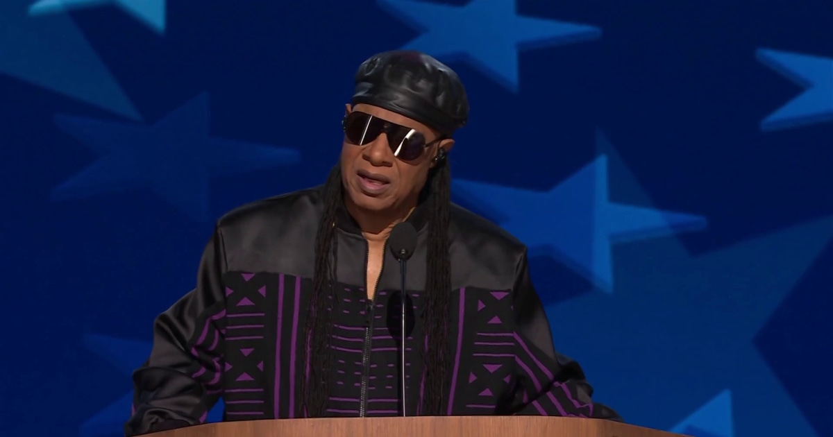 Stevie Wonder takes the stage at the DNC